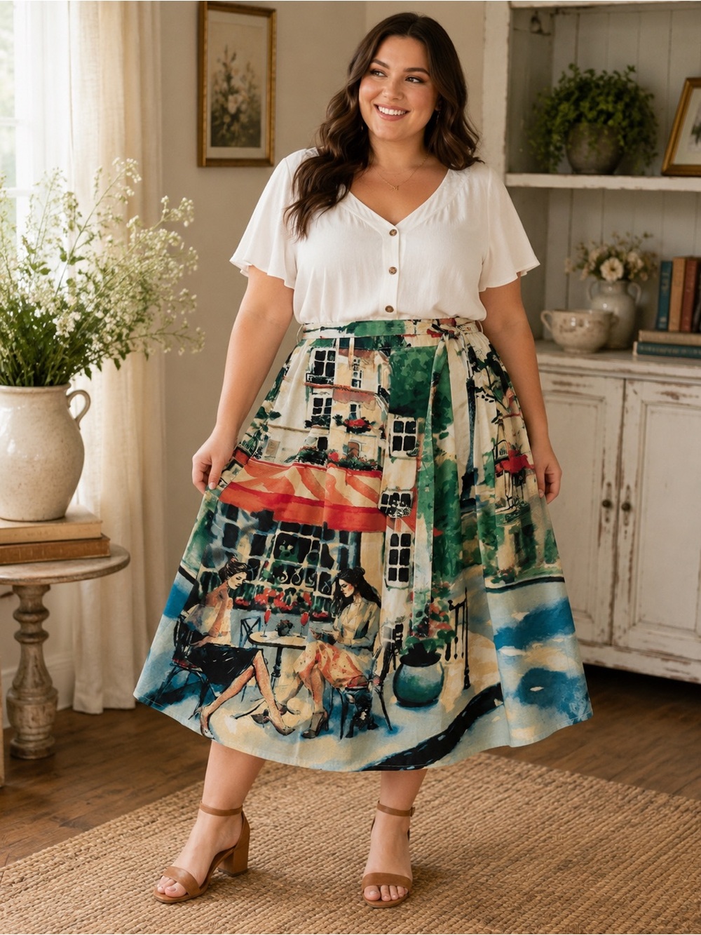 Cafe-Scene Midi Skirt in Multi Green